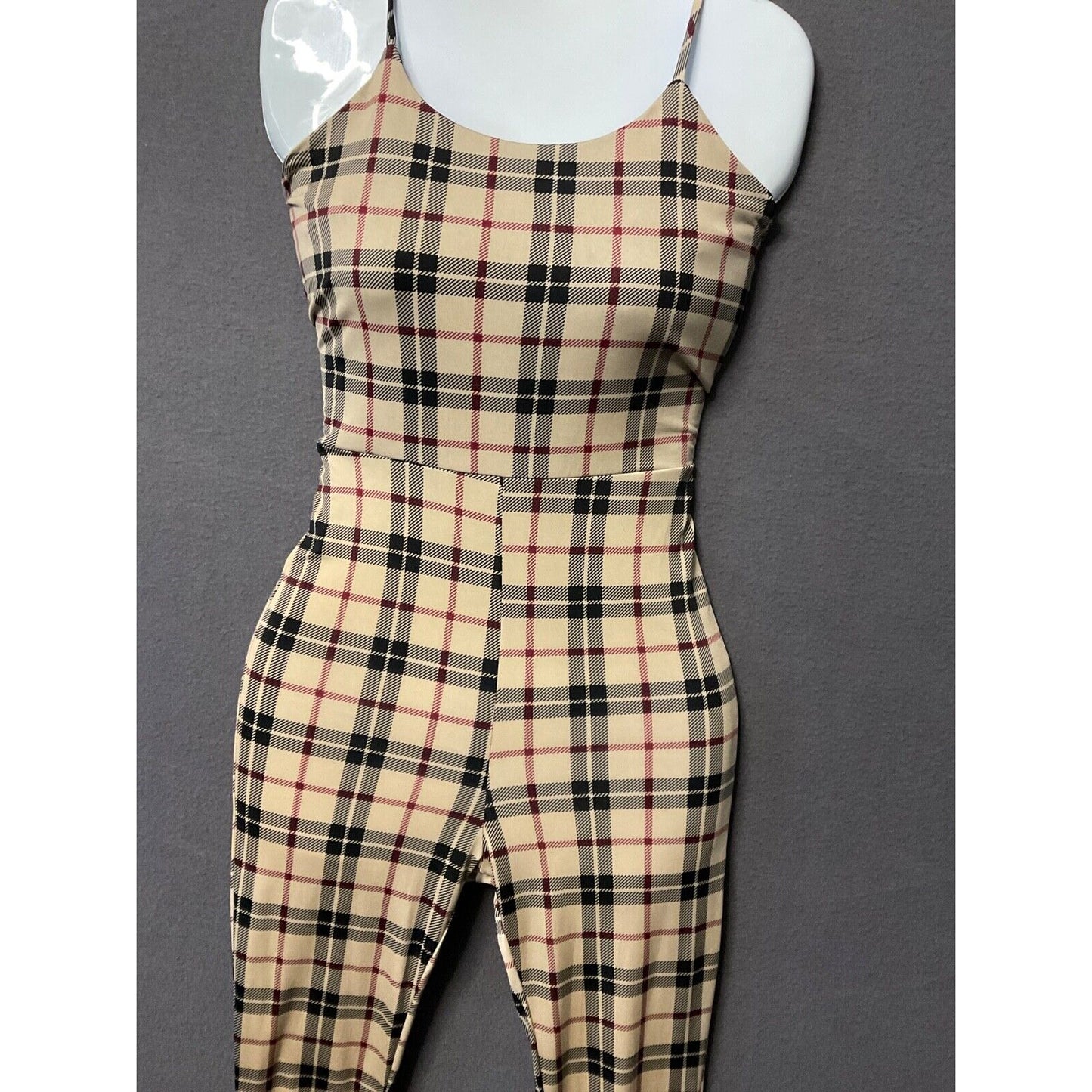 Plaid Sleeveless Jumpsuit Women’s Beige & Black, S/XS, Ties in Back, Soft Fab