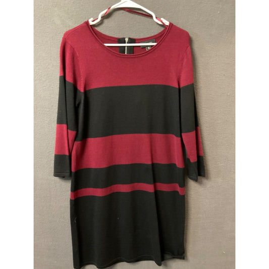 AB Studio Burgundy & Black Striped Knit Dress Medium Rayon Blend Back Zip