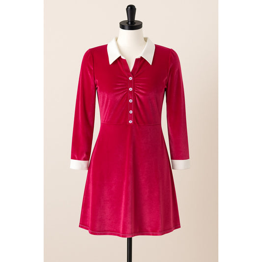 Allegra K Women’s Pink Velvet A-Line Dress With White Collar Size S Retro