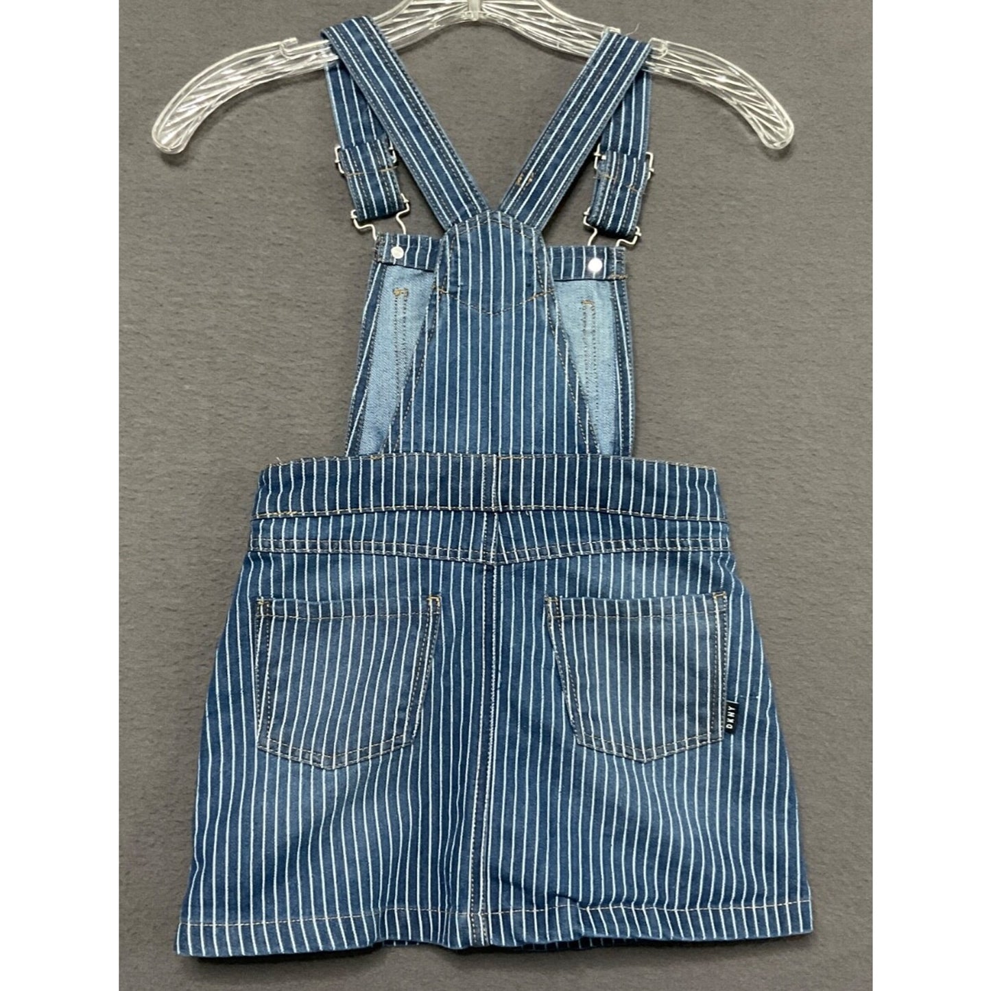 DKNY Girls 6X Blue Pinstripe Denim Overall Dress Adjustable Straps Pockets