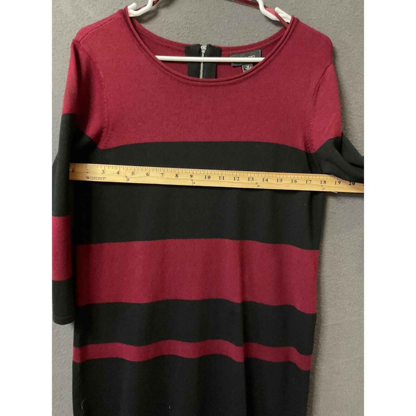 AB Studio Burgundy & Black Striped Knit Dress Medium Rayon Blend Back Zip