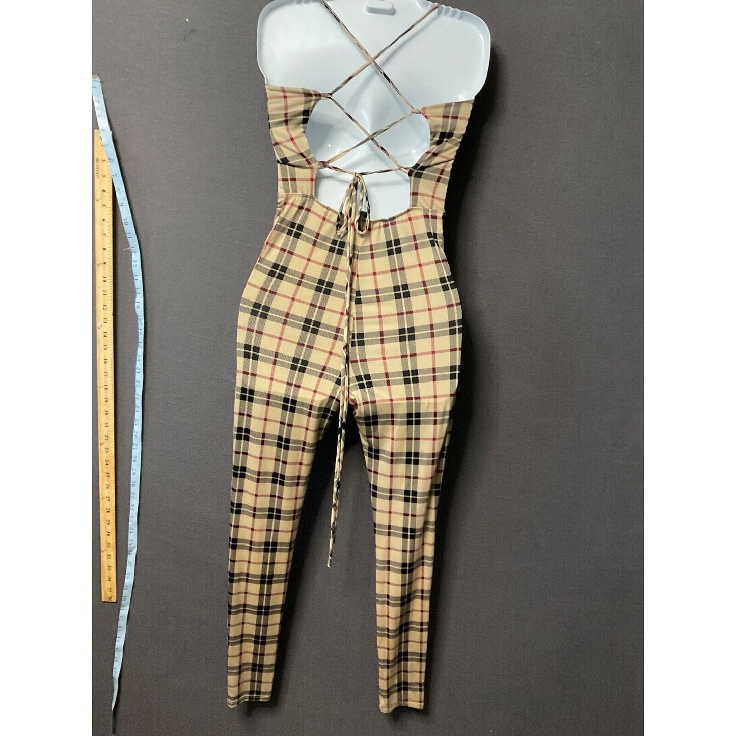 Plaid Sleeveless Jumpsuit Women’s Beige & Black, S/XS, Ties in Back, Soft Fab