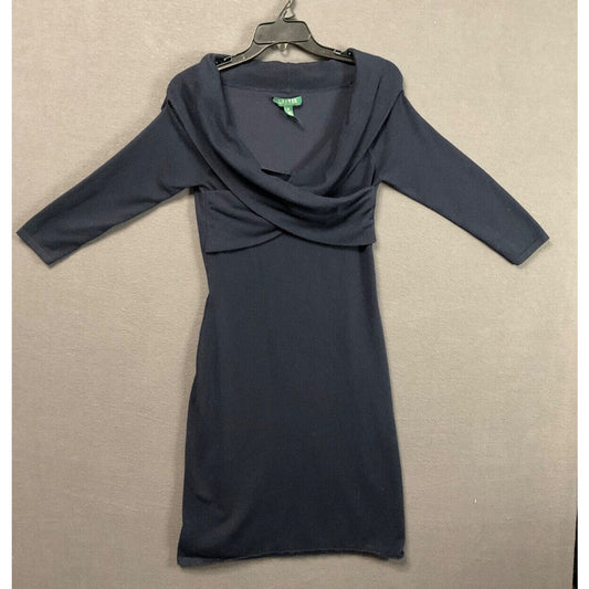 Ralph Lauren Dress M Navy Blue Knit Cowl Neck 3/4 Sleeve Elegant FLAW