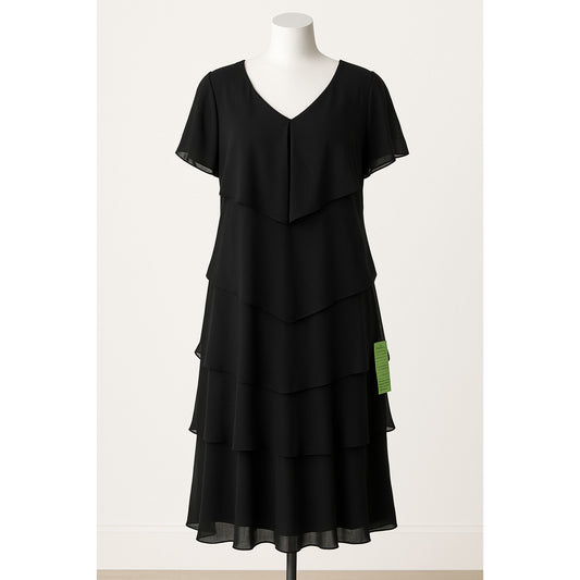 S.L. Fashions Elegant Black Tiered Midi Dress Missy SZ 12 Cocktail Party Dancing