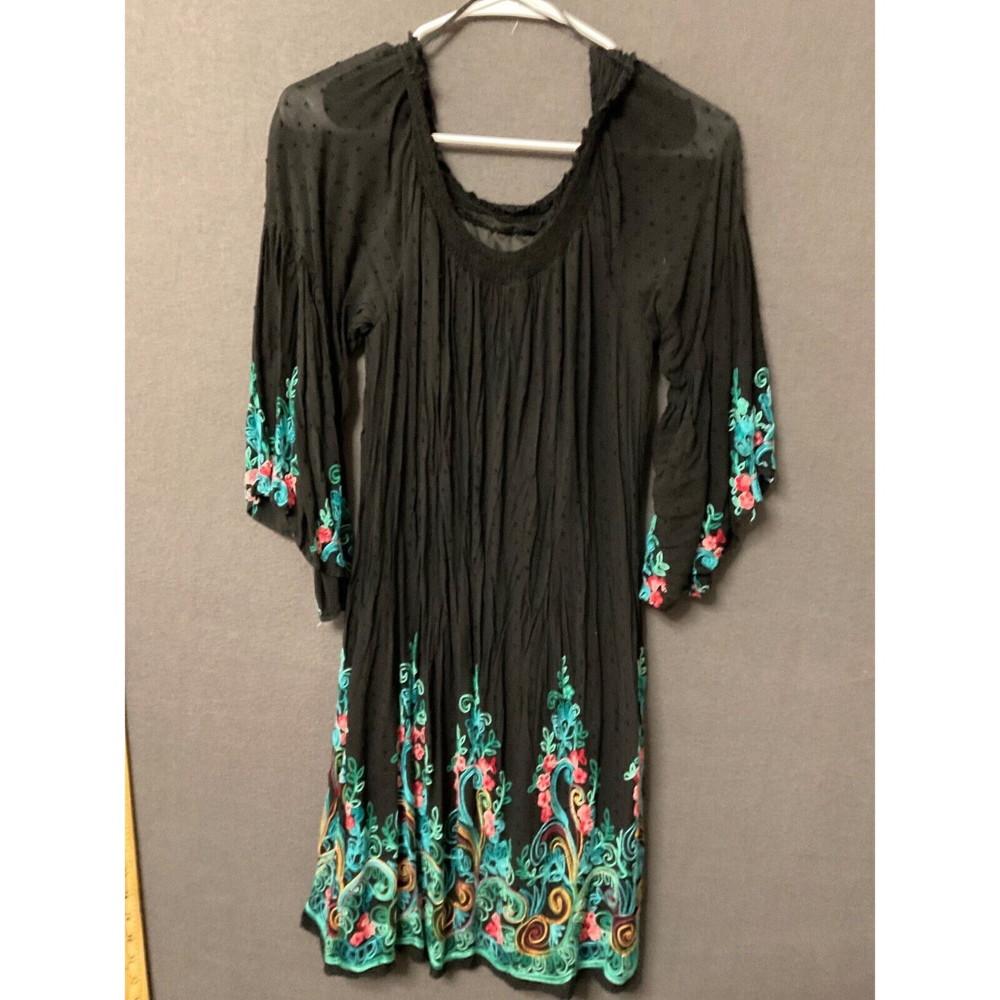 Signature Robbie Bee Tunic Dress Boho Embroidered 3/4 Bell Sleeves Size L BOHO