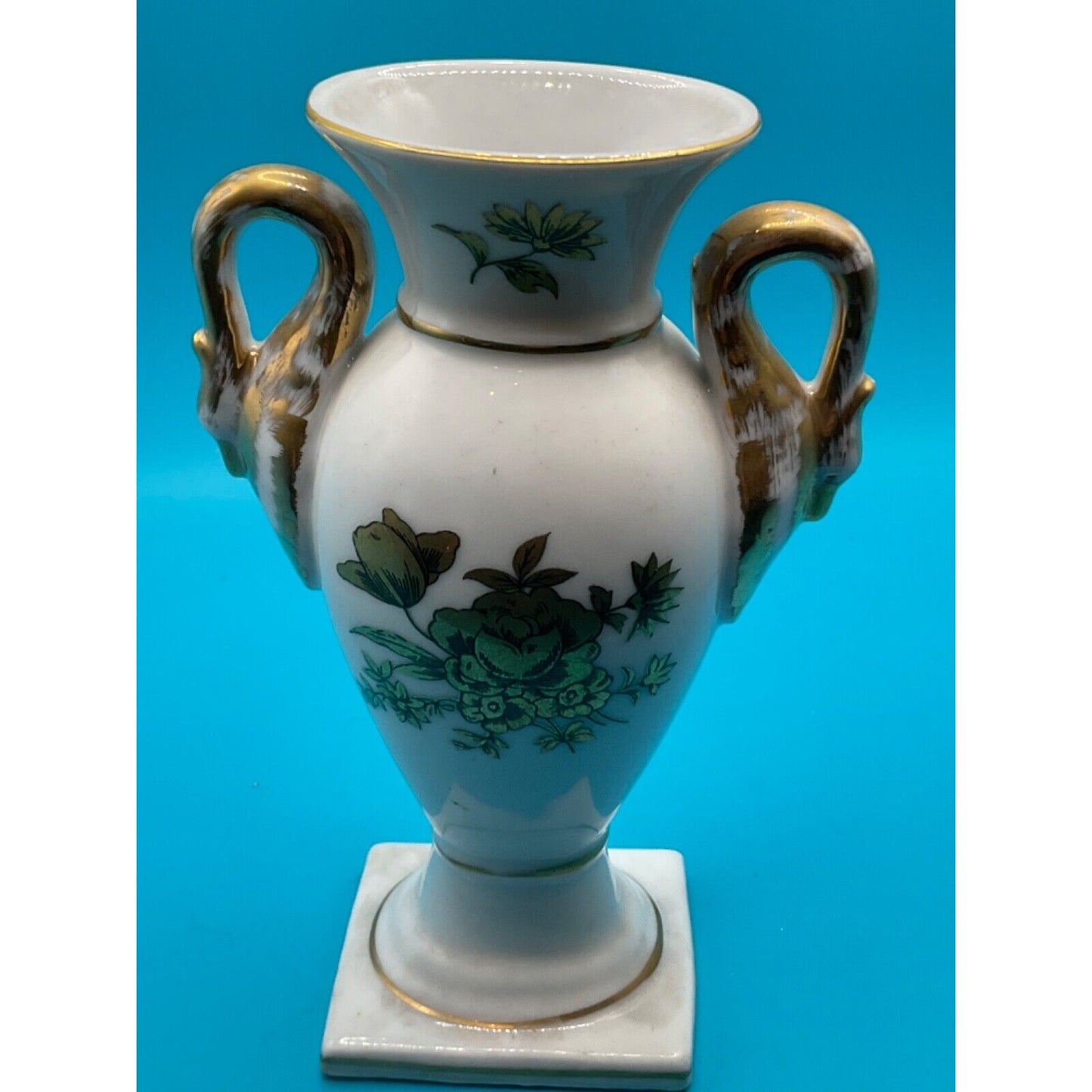 Vintage Trophy Dual-Handle Porcelain Vase 6" Floral & Gold 2" Base, No. 6273