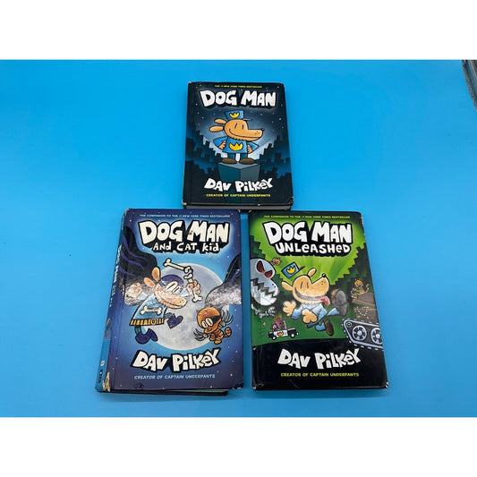 Dog Man Series Lot of 3 Books by Dav Pilkey Hardcover Dog Man Unleashed, Cat Kid