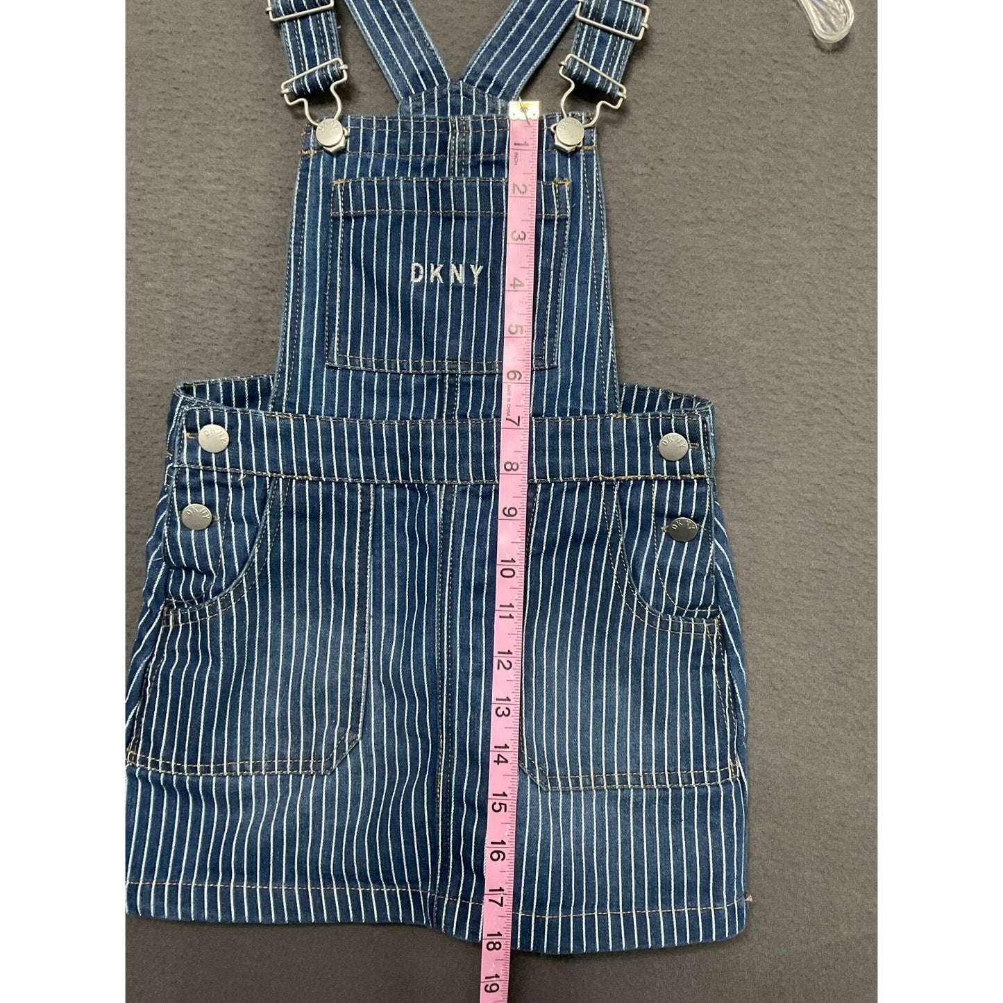 DKNY Girls 6X Blue Pinstripe Denim Overall Dress Adjustable Straps Pockets