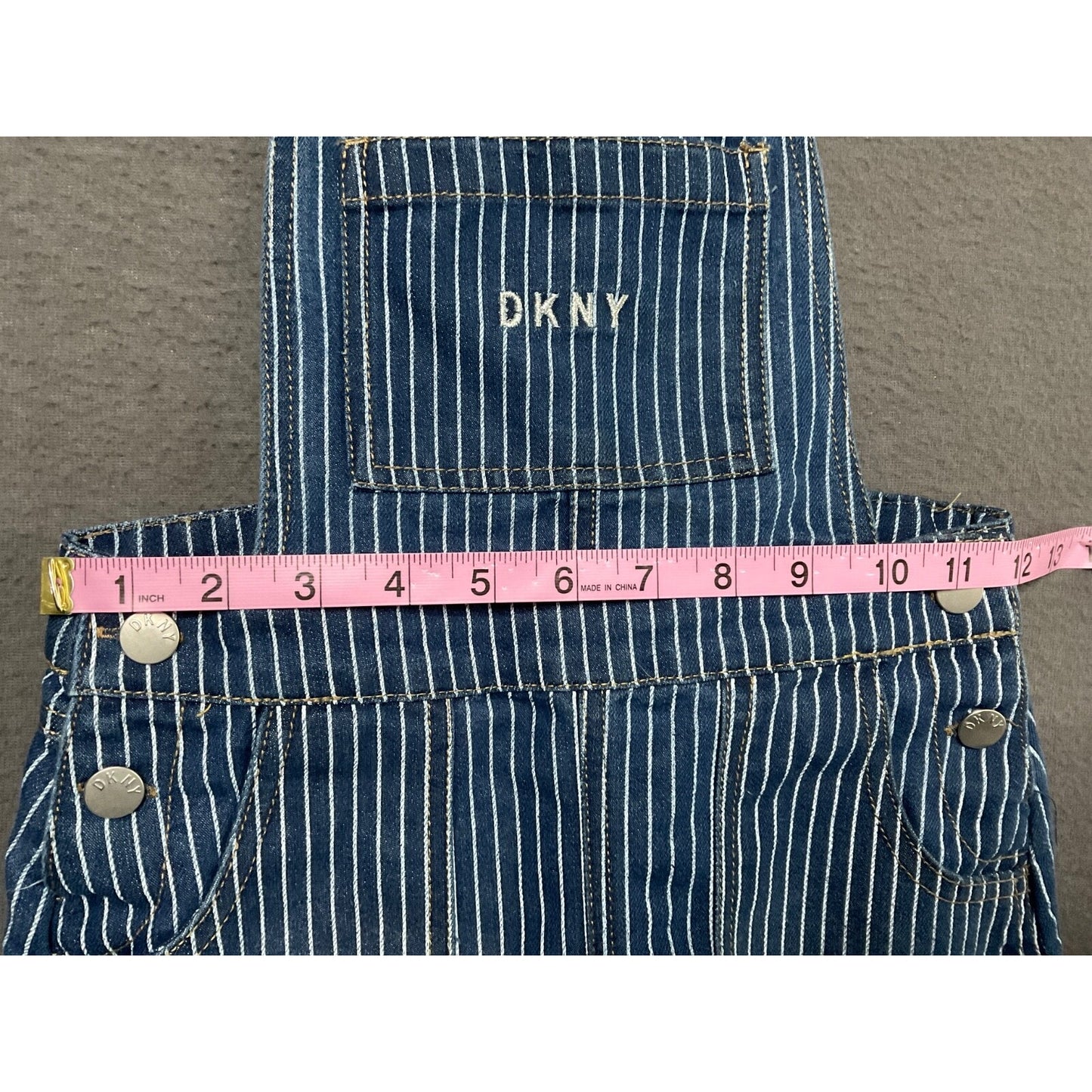DKNY Girls 6X Blue Pinstripe Denim Overall Dress Adjustable Straps Pockets