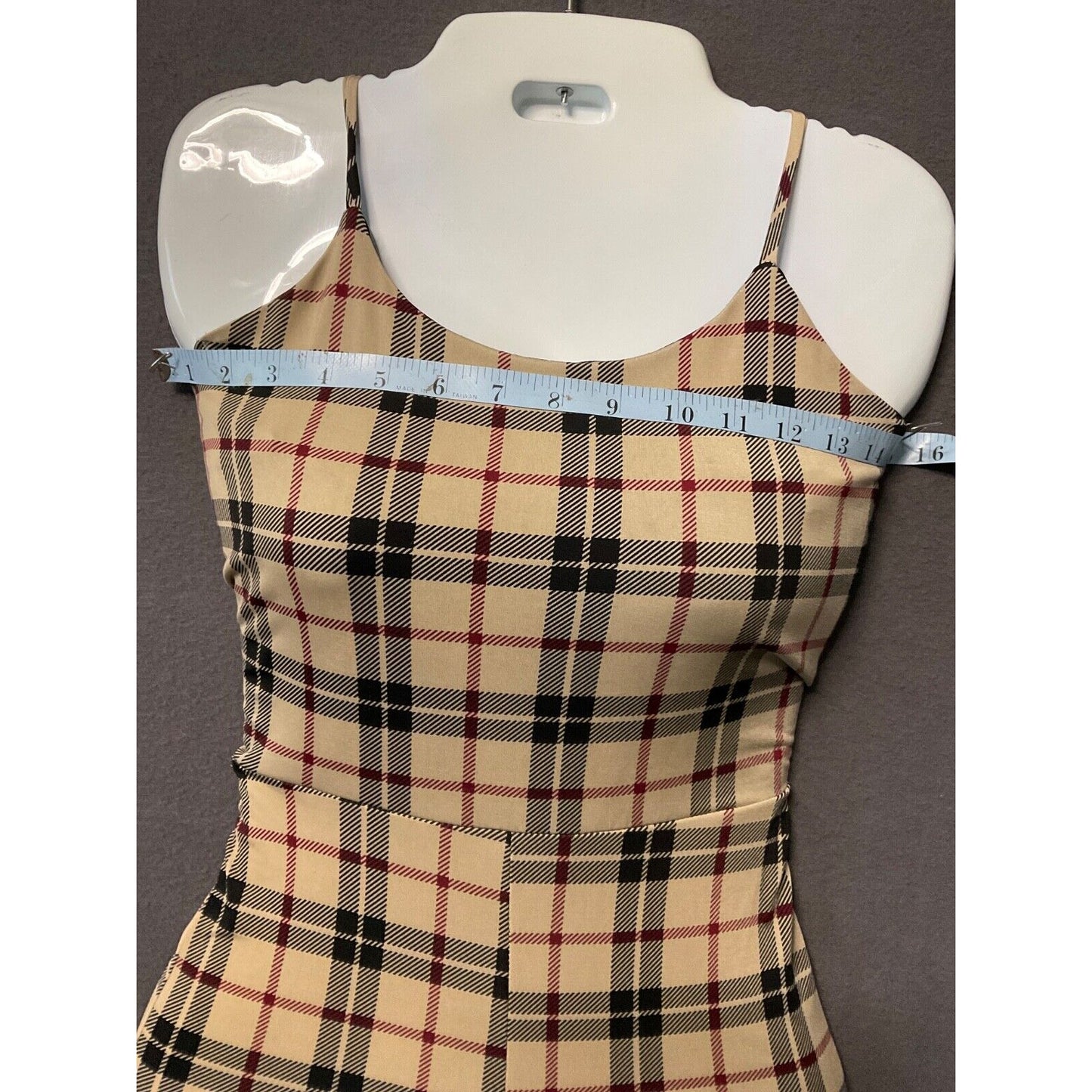 Plaid Sleeveless Jumpsuit Women’s Beige & Black, S/XS, Ties in Back, Soft Fab