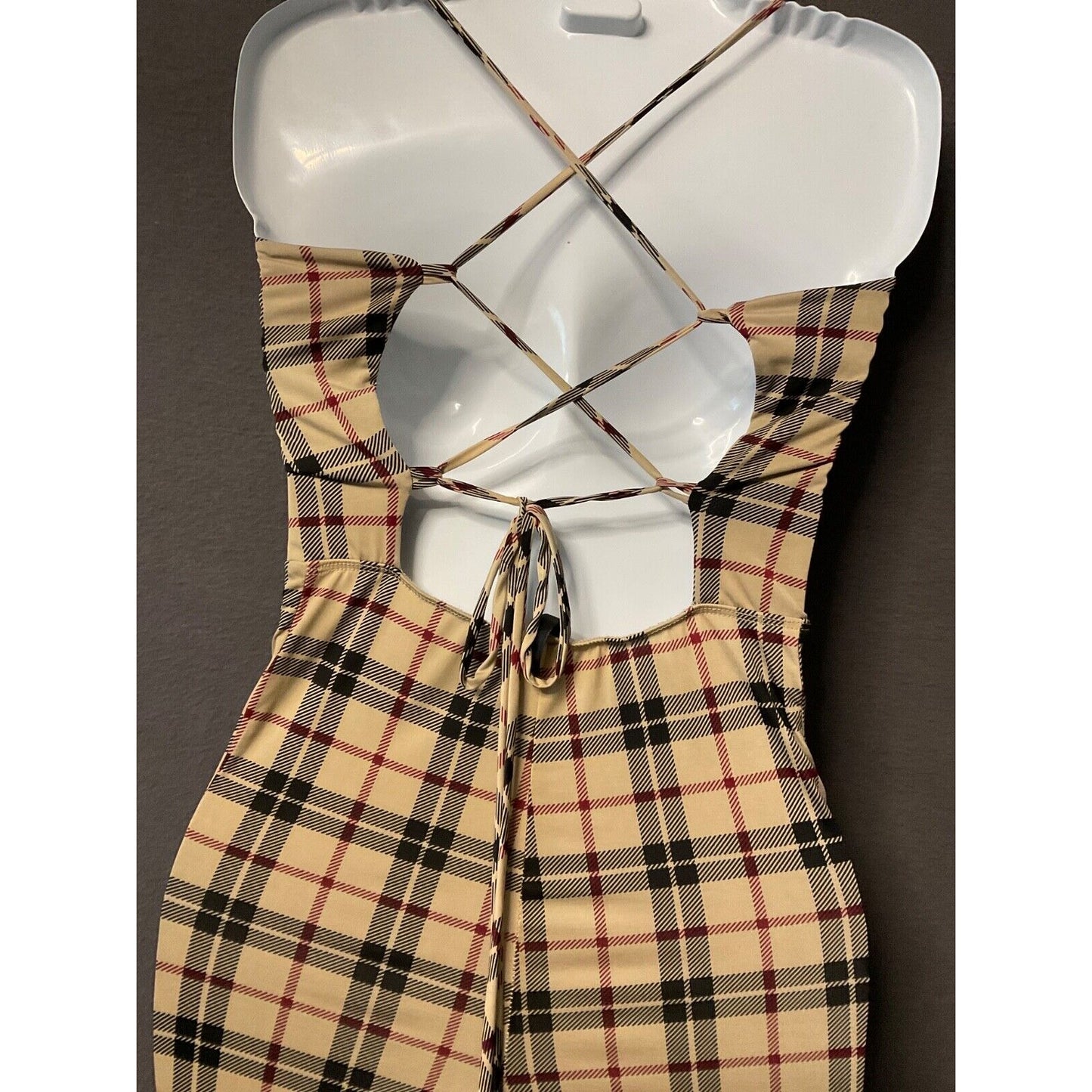 Plaid Sleeveless Jumpsuit Women’s Beige & Black, S/XS, Ties in Back, Soft Fab