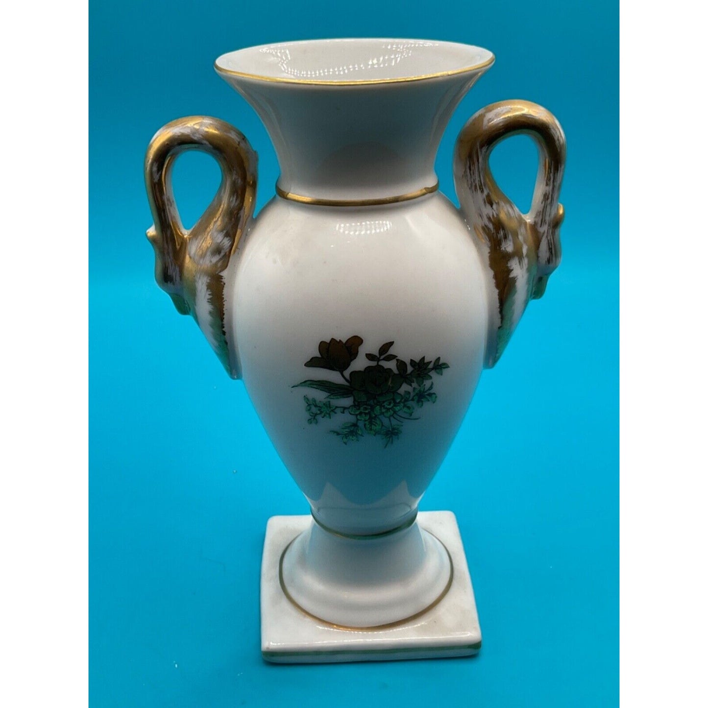 Vintage Trophy Dual-Handle Porcelain Vase 6" Floral & Gold 2" Base, No. 6273