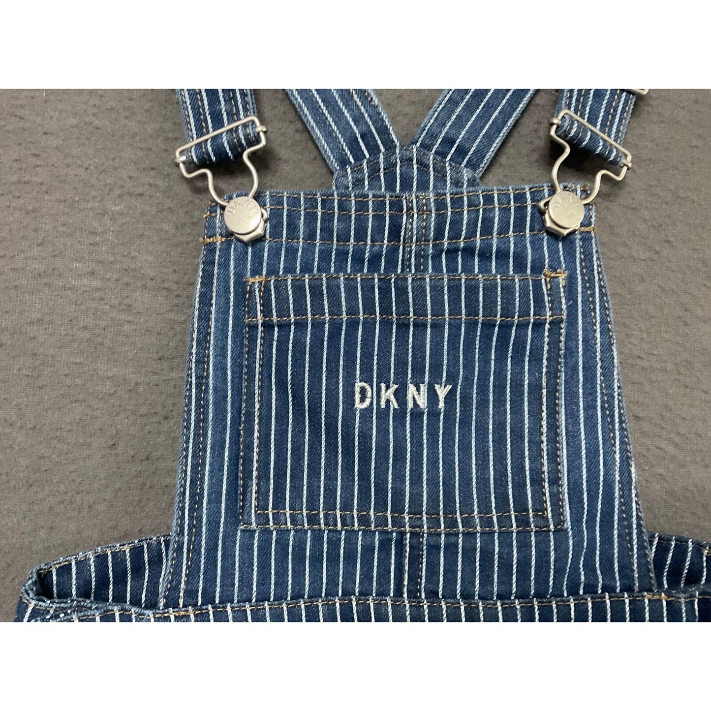 DKNY Girls 6X Blue Pinstripe Denim Overall Dress Adjustable Straps Pockets