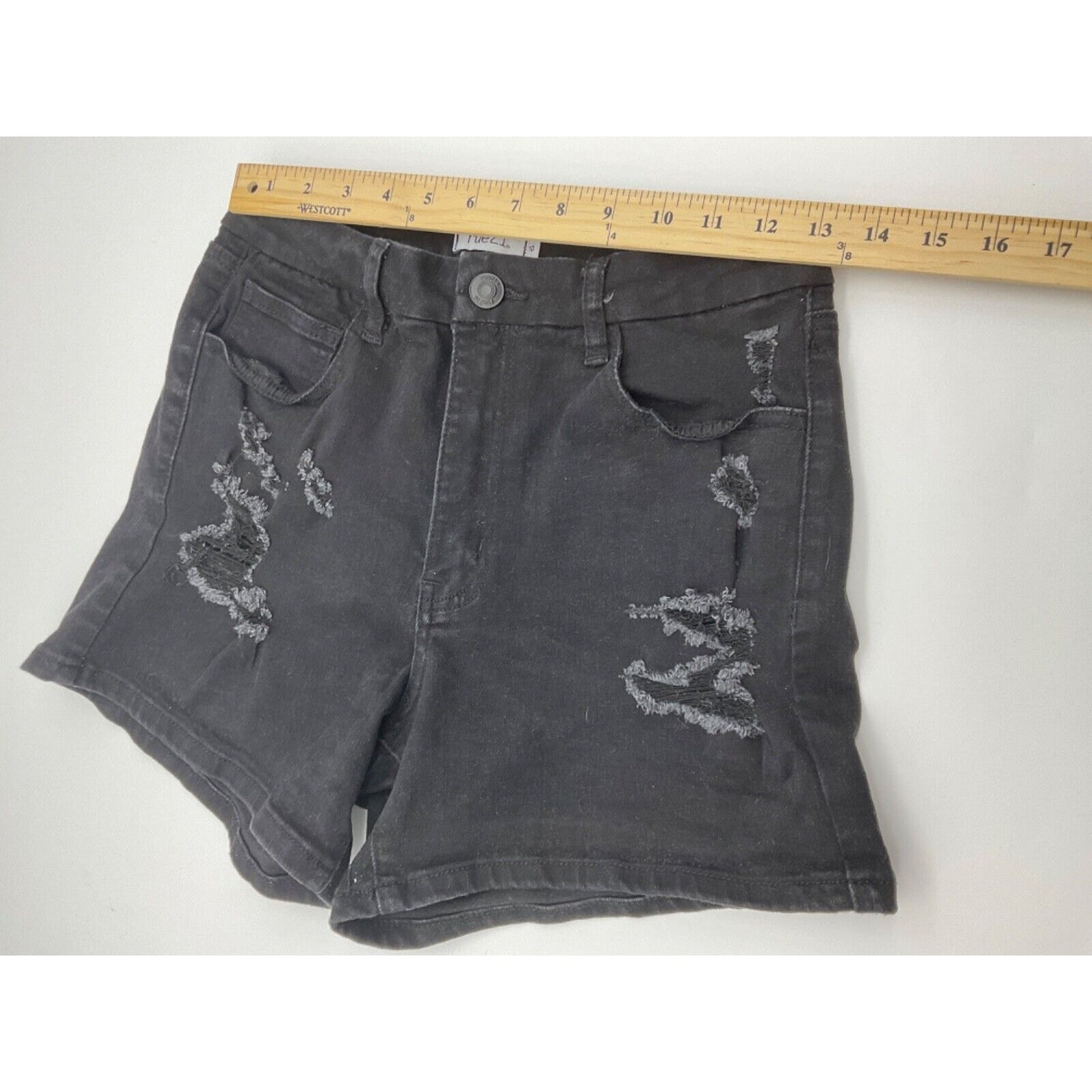 Rue 21 Women's Black Denim Shorts Size 10, Distressed, 5 Pockets, Zip Fly