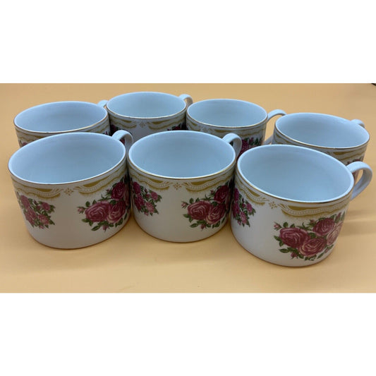 Farberware Set of 7 VTG Sydney Roses 4092 Fine China Tea Coffee Cup GOLD TRIM