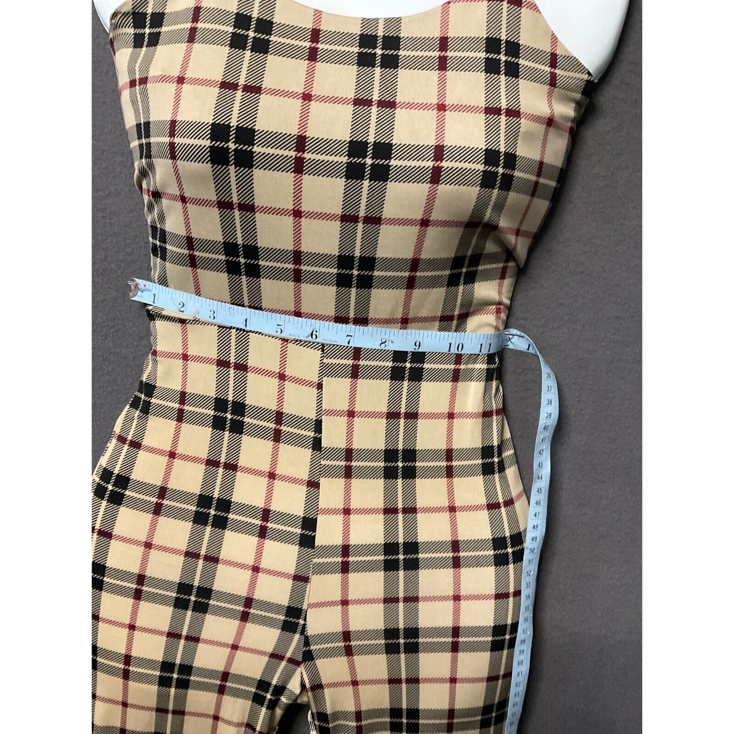Plaid Sleeveless Jumpsuit Women’s Beige & Black, S/XS, Ties in Back, Soft Fab
