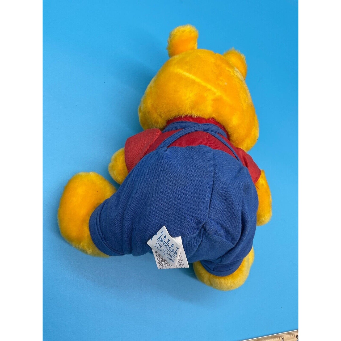 Vintage Great American Toy Co. Plush Yellow Bear Red Shirt Blue Overalls 8"