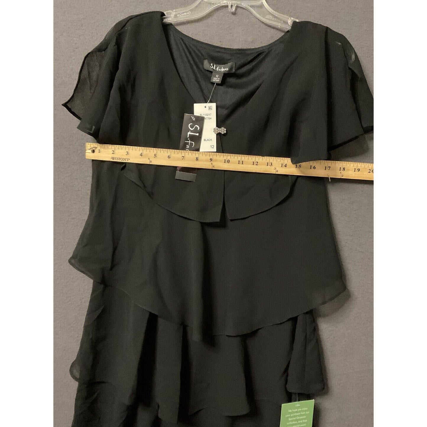 S.L. Fashions Elegant Black Tiered Midi Dress Missy SZ 12 Cocktail Party Dancing