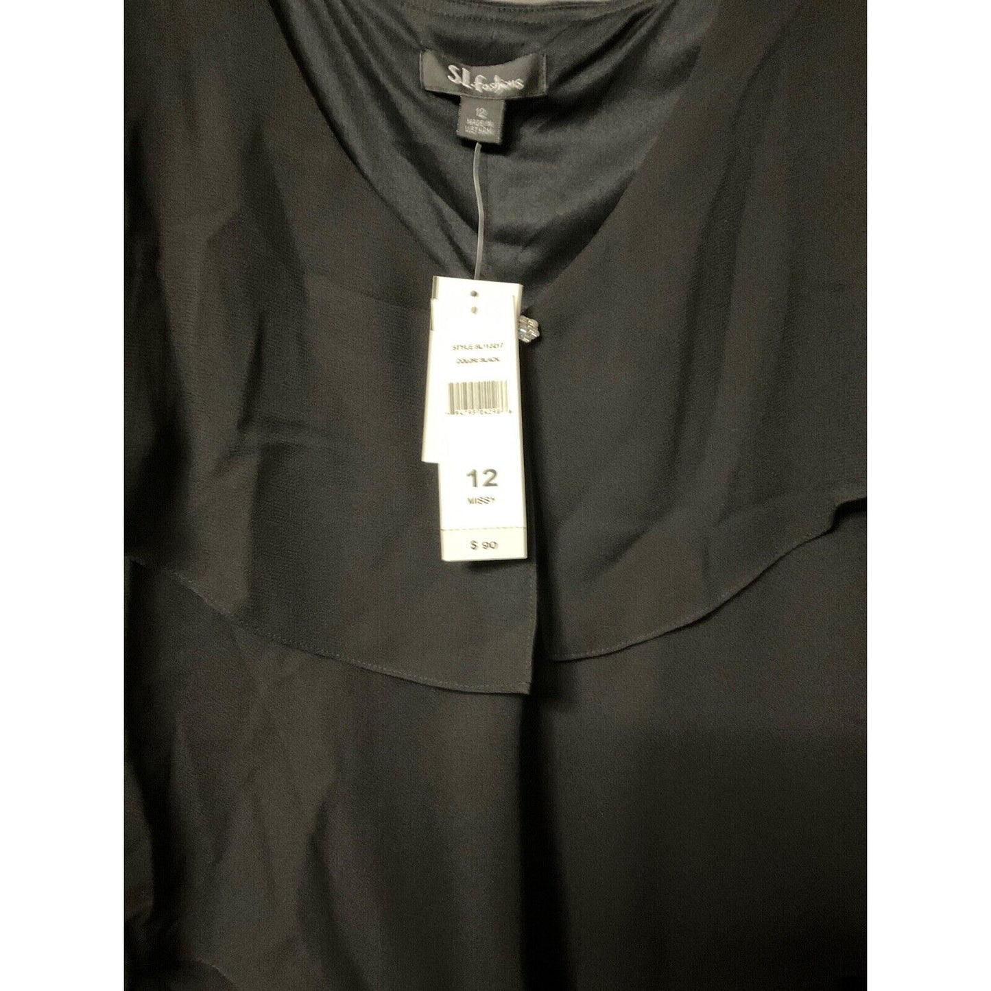 S.L. Fashions Elegant Black Tiered Midi Dress Missy SZ 12 Cocktail Party Dancing
