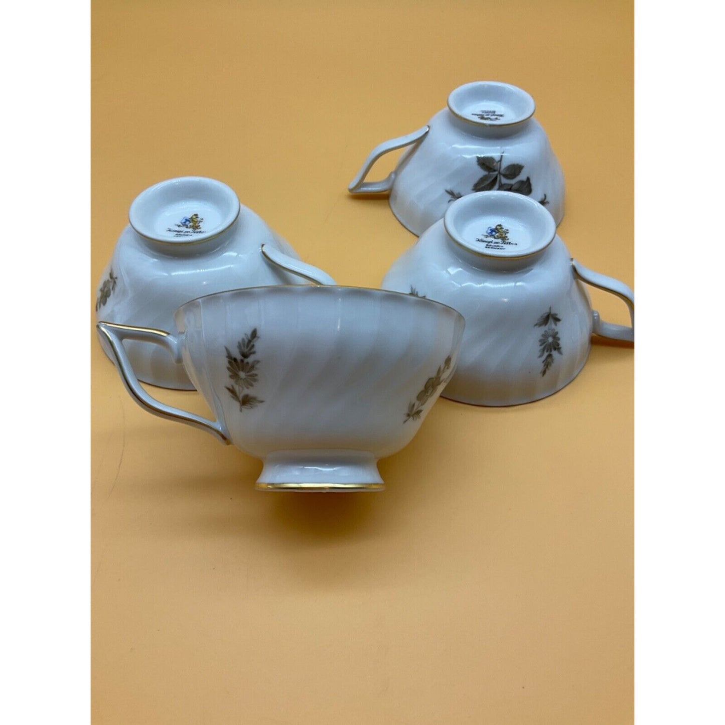 4 Cups Konigl Königl. pr. Tettau Bavaria Germany Grey Floral Gold Trim Vintage