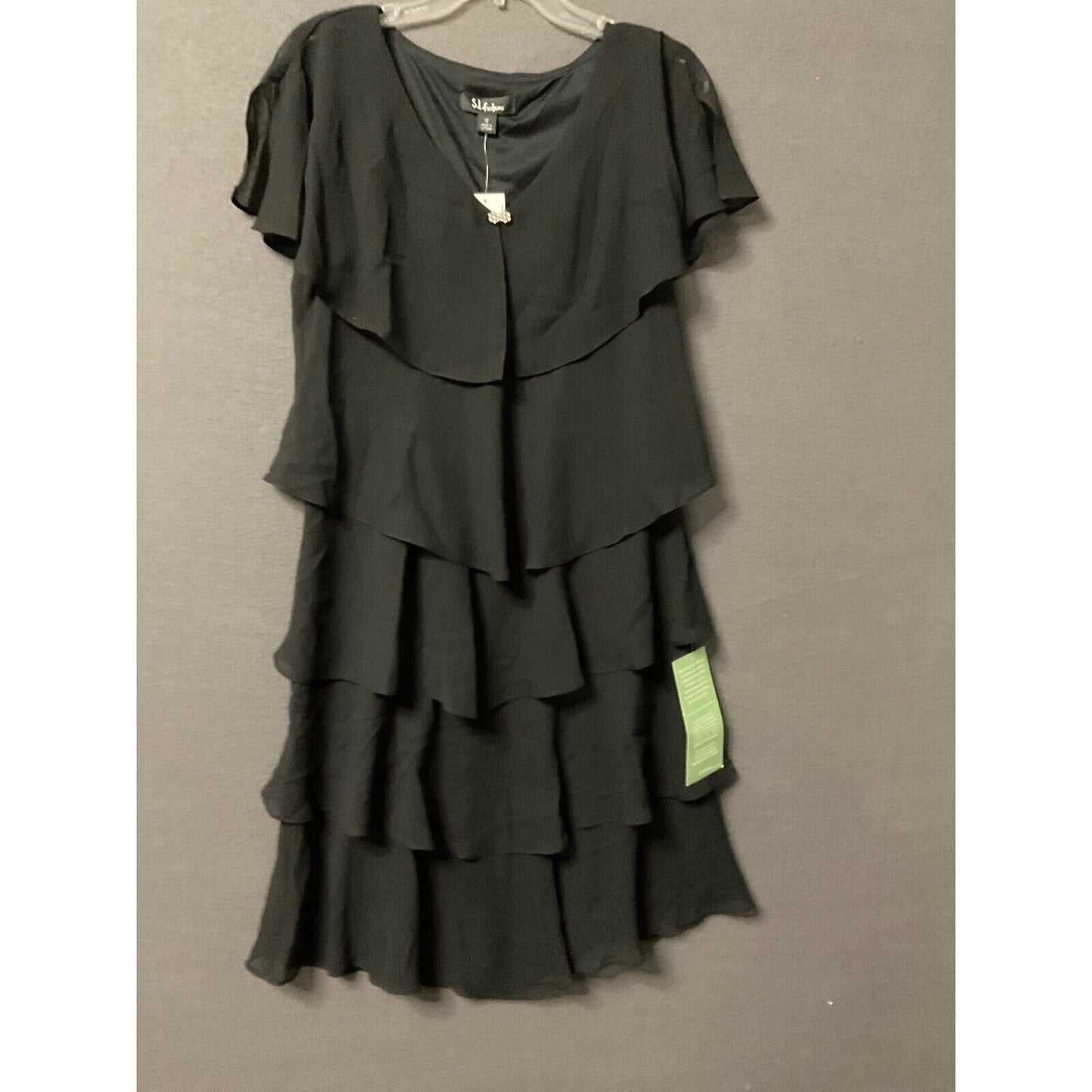 S.L. Fashions Elegant Black Tiered Midi Dress Missy SZ 12 Cocktail Party Dancing