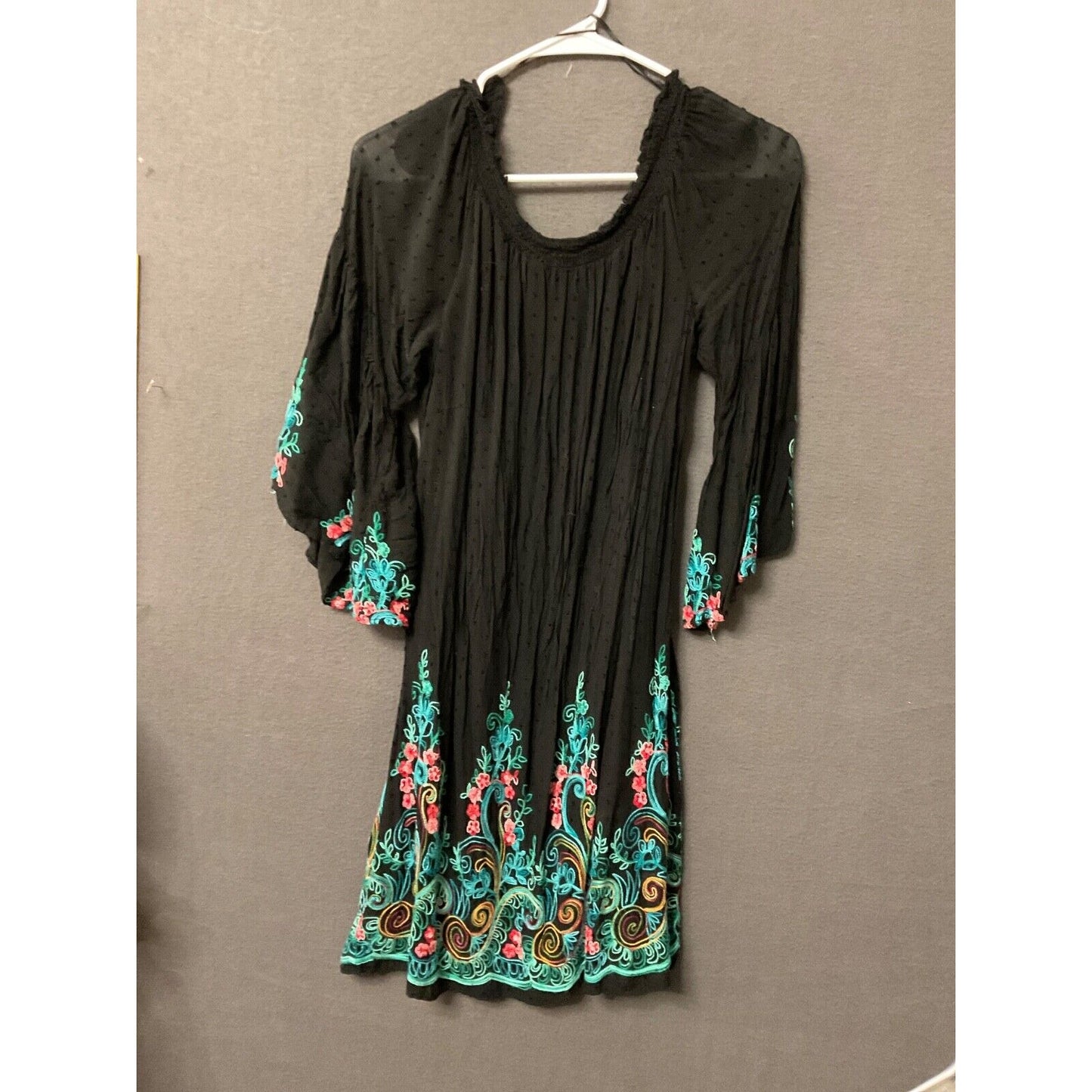 Signature Robbie Bee Tunic Dress Boho Embroidered 3/4 Bell Sleeves Size L BOHO