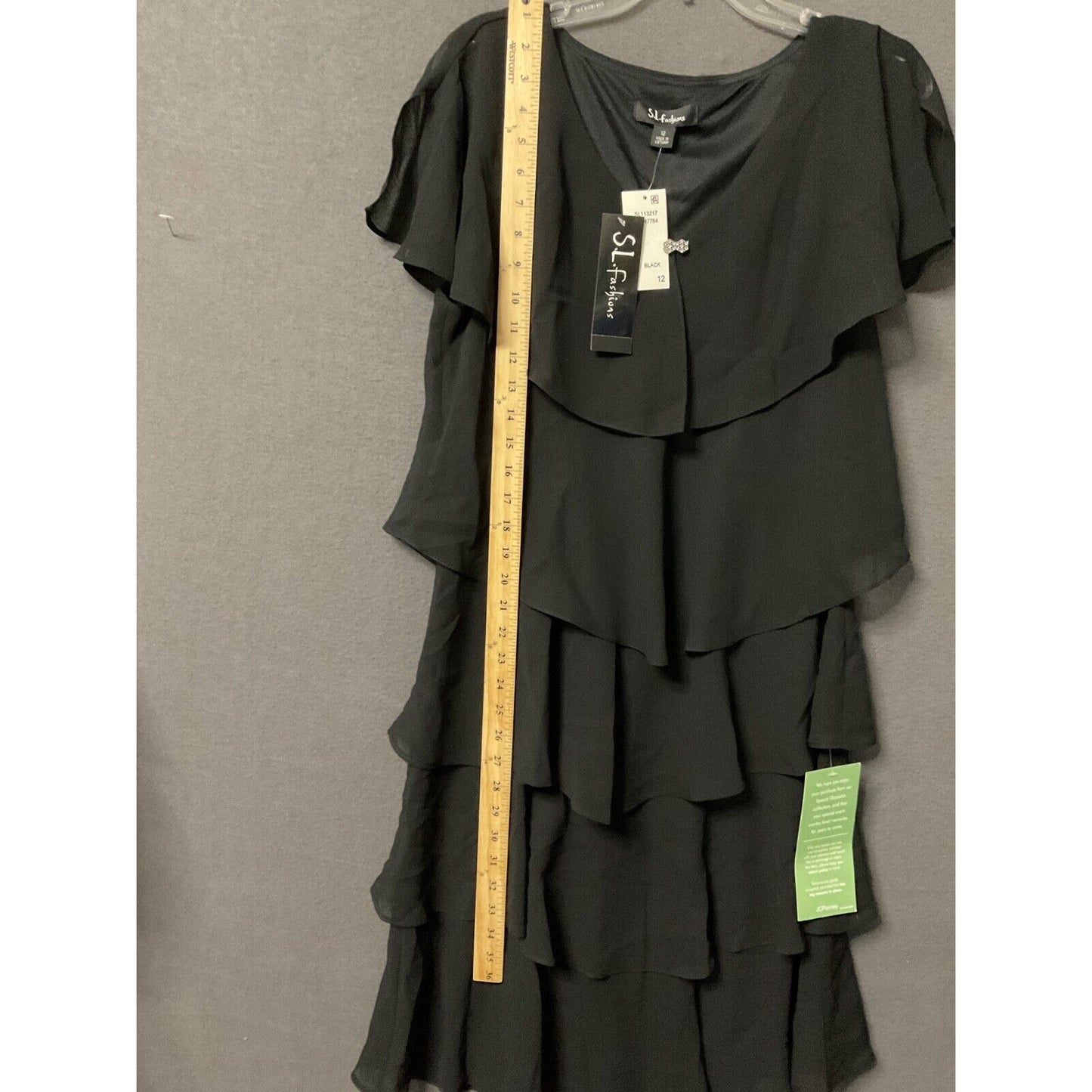 S.L. Fashions Elegant Black Tiered Midi Dress Missy SZ 12 Cocktail Party Dancing