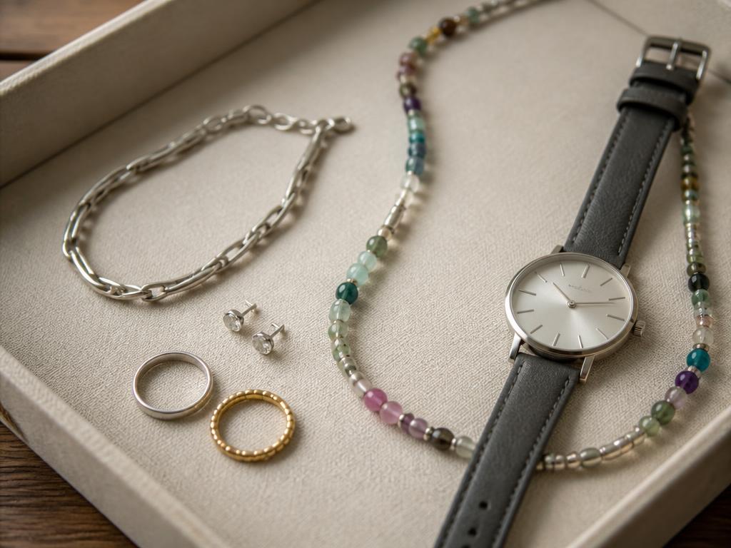 Silver bracelet, beaded necklace, stud earrings, two rings and a leather-strap wristwatch on a cream tray