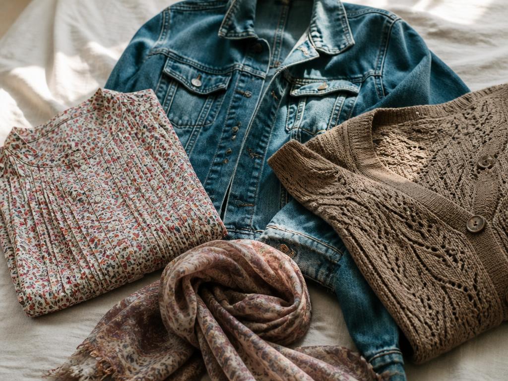 Folded floral blouse, denim jacket, knit cardigan and a patterned scarf on cream linen