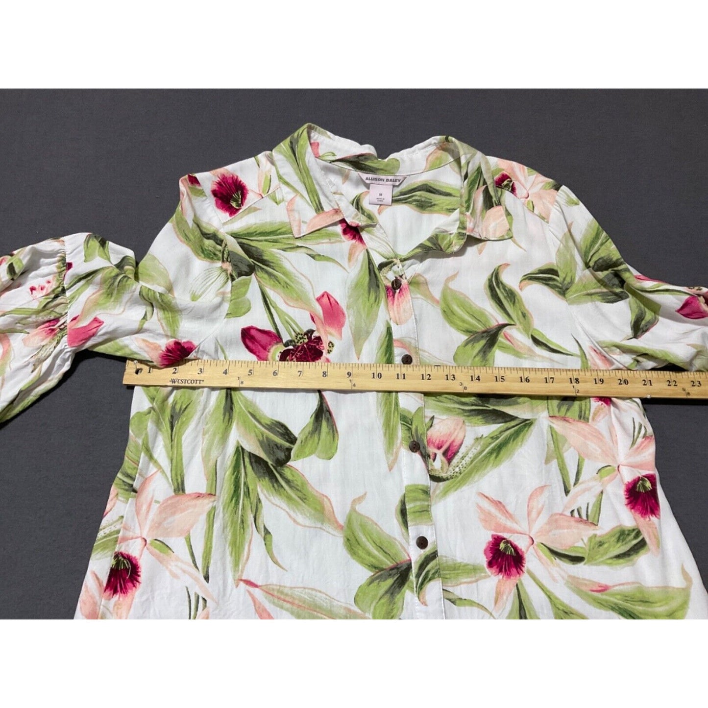 Alison Daley Dillard's Tropical Floral Bell Sleeve Blouse M Button Front