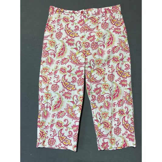 IZOD Ladies Stretch Paisley Capri Pants Size 10 Pink Floral Cotton