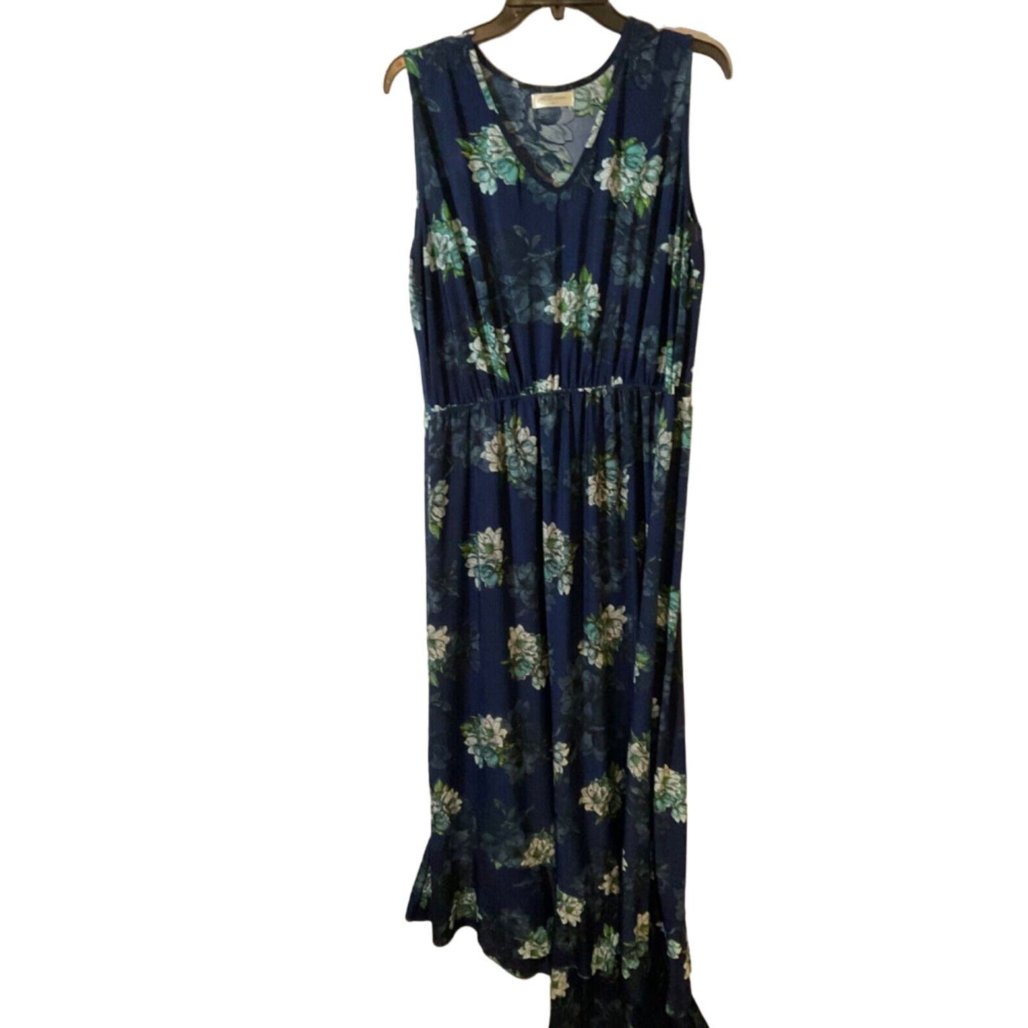 ECE Fashion Asymmetrical Maxi Dress 3XL, Blue Floral, Sleeveless, Flaw