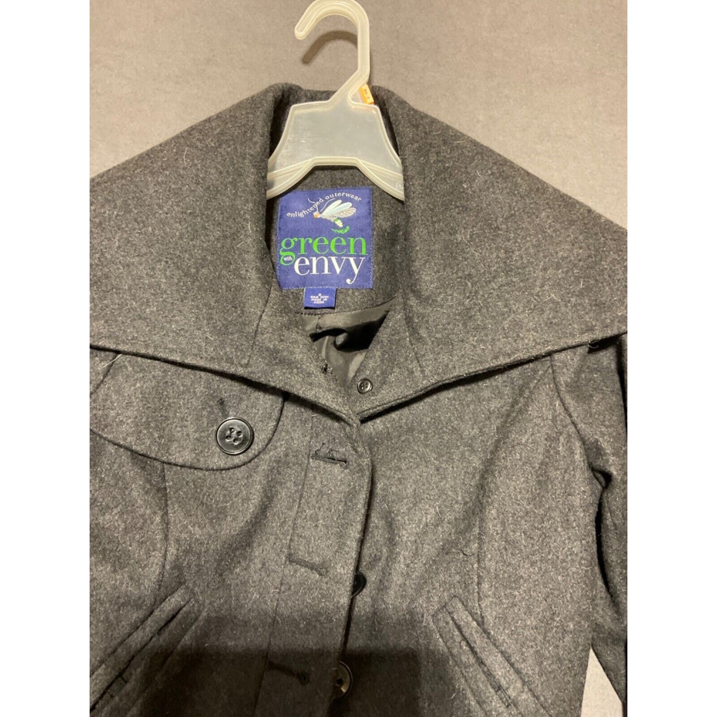 Green with Envy Wool Pea Coat Size S Double Breasted Charcoal Gray Business