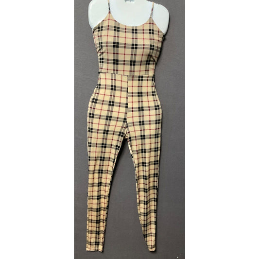 Plaid Sleeveless Jumpsuit Women’s Beige & Black, S/XS, Ties in Back, Soft Fab