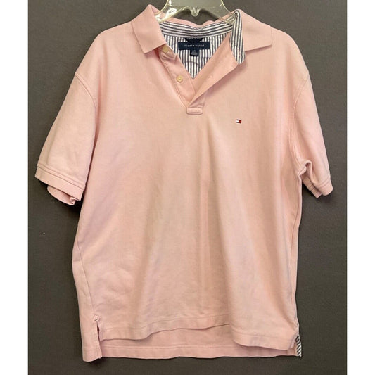 VTG Tommy Hilfiger Large Pink Polo Shirt Striped Collar 100% Cotton LOGO