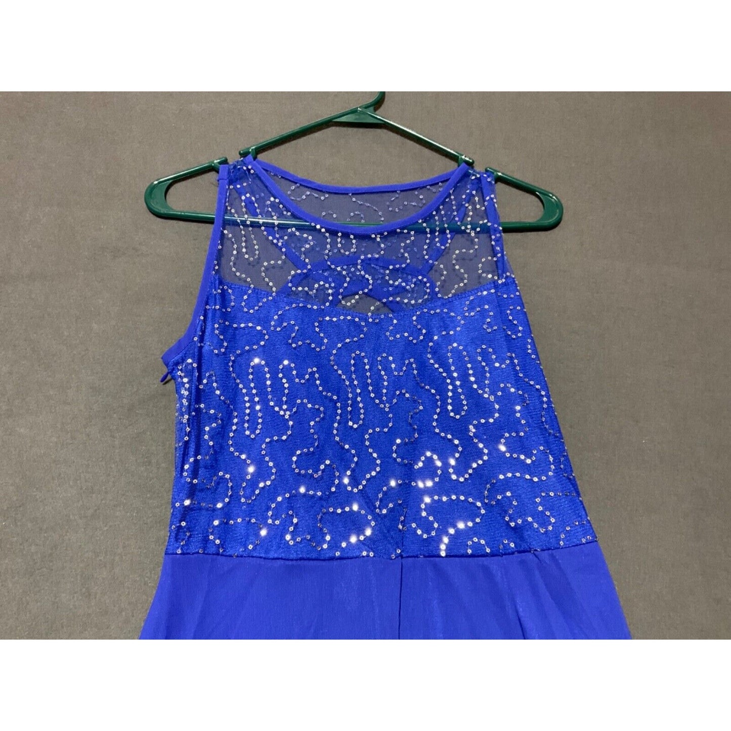 Blue Sequin A-Line Evening Formal Dress Sleeveless Sheer Mesh Top Size XL