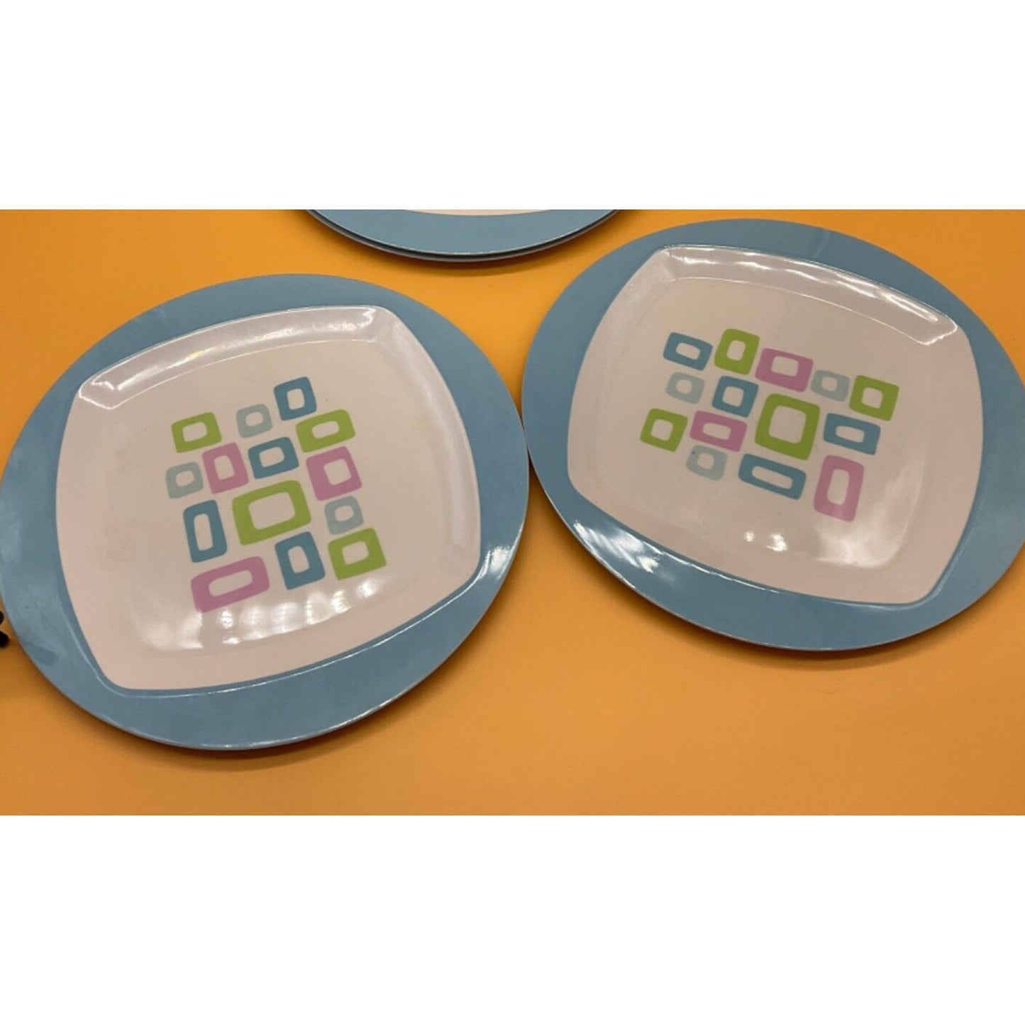 Set of 4 Blue ThermoServ 11" FUN Geometric Pattern Dinner Plates Dishwasher Safe