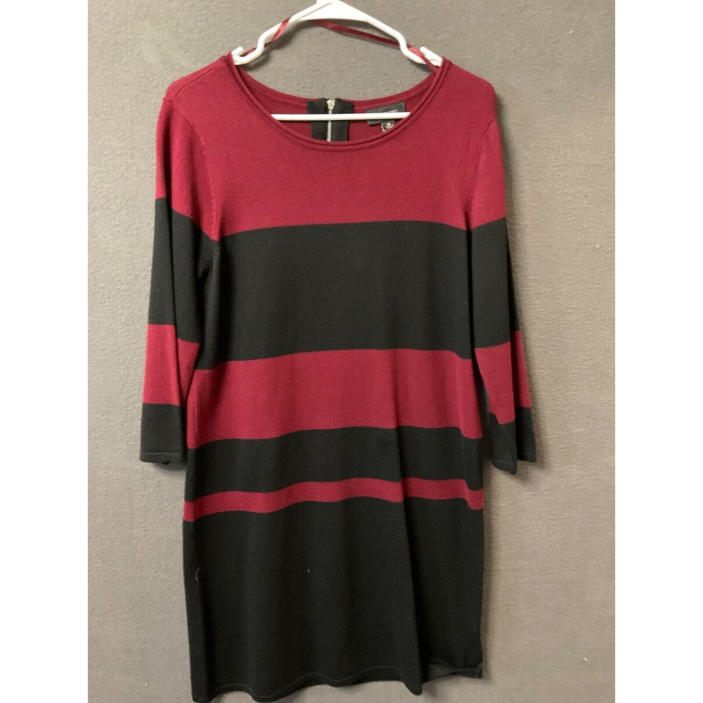 AB Studio Burgundy & Black Striped Knit Dress Medium Rayon Blend Back Zip