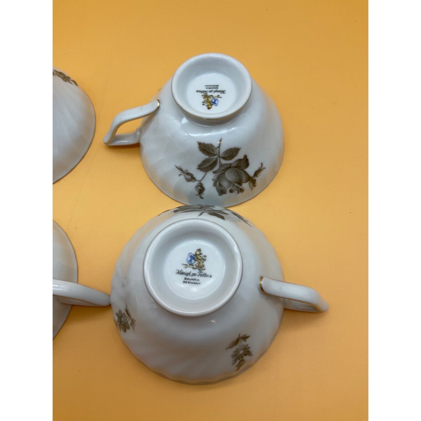 4 Cups Konigl Königl. pr. Tettau Bavaria Germany Grey Floral Gold Trim Vintage