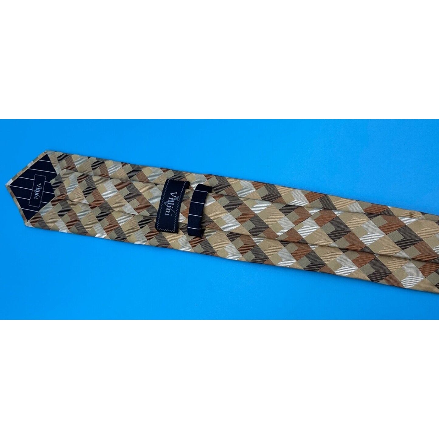 Villini Men's 100% Silk Tie Geometric Check Pattern Brown Gold 3.5" Classic