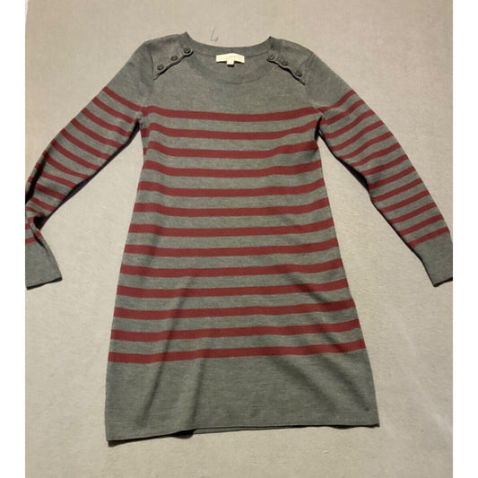 LOFT Medium Sweater Dress Gray Red Stripes Button Shoulder Wool Blend