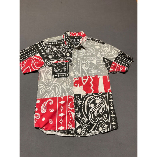 AHP Bandana Print Shirt Size L Red Black Patchwork Button-Up Causal