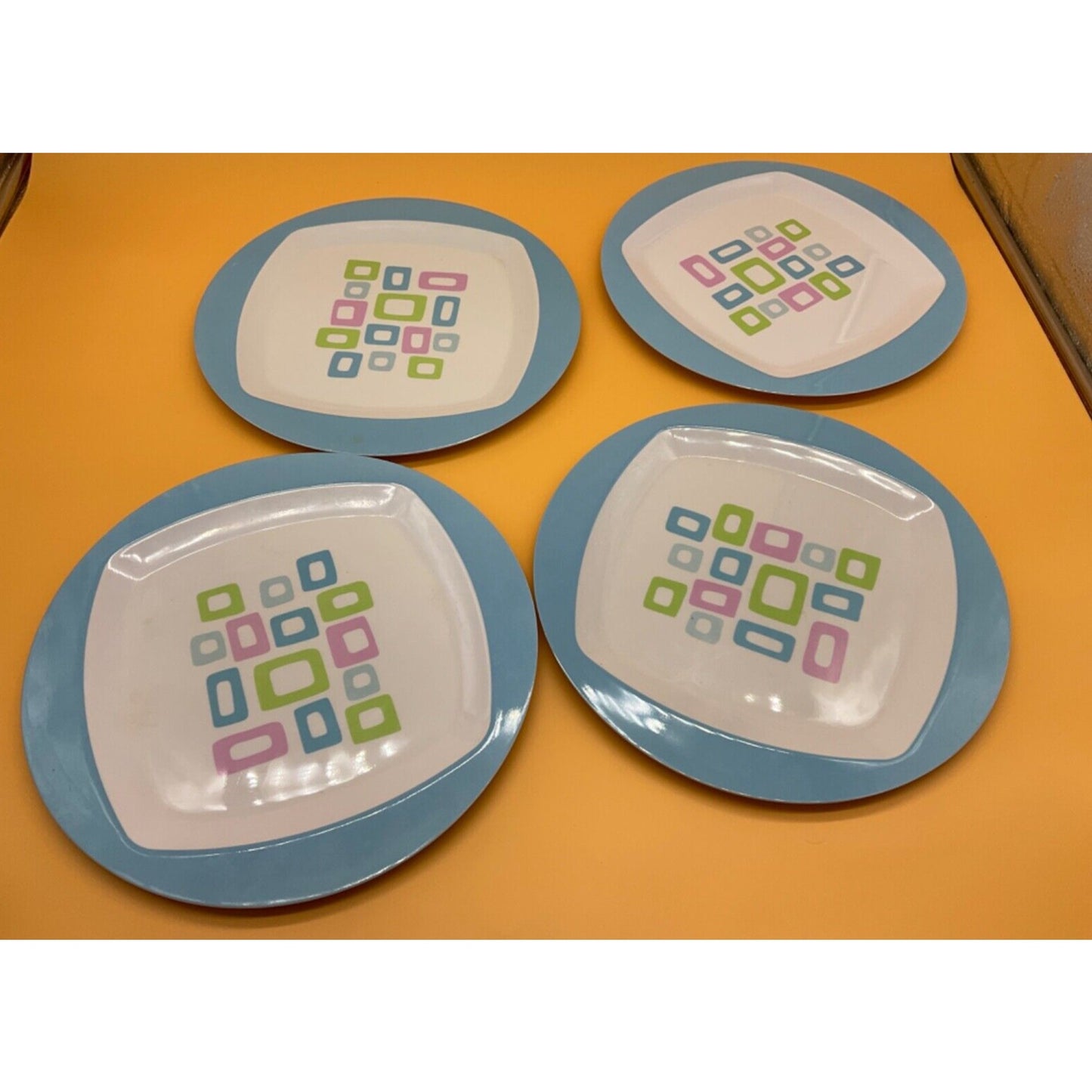 Set of 4 Blue ThermoServ 11" FUN Geometric Pattern Dinner Plates Dishwasher Safe