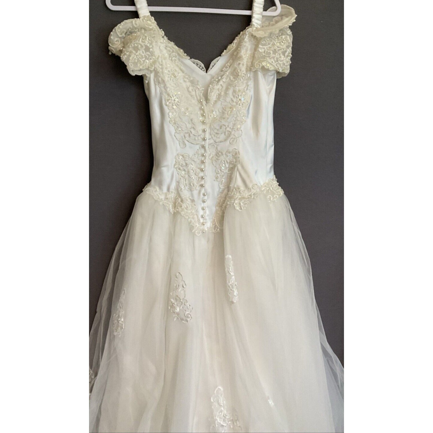 J &J Bridal Wedding Dress Ivory Sz 12 Beaded Tulle Off Shoulder Cosplay Princess