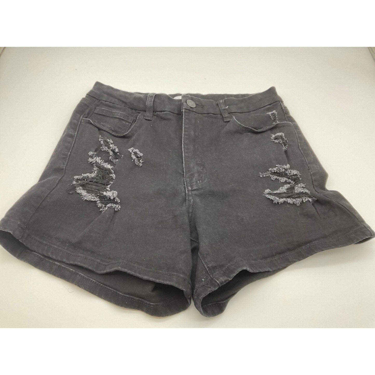 Rue 21 Women's Black Denim Shorts Size 10, Distressed, 5 Pockets, Zip Fly