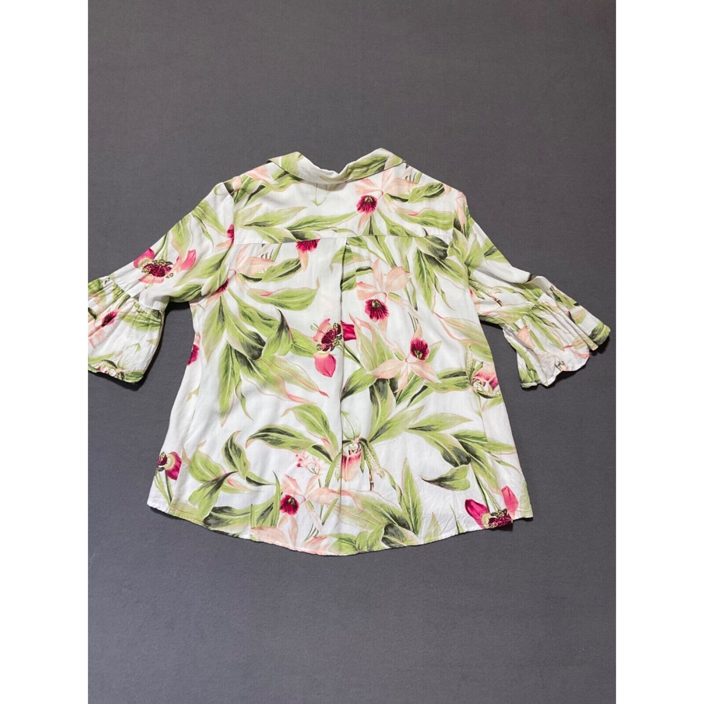 Alison Daley Dillard's Tropical Floral Bell Sleeve Blouse M Button Front