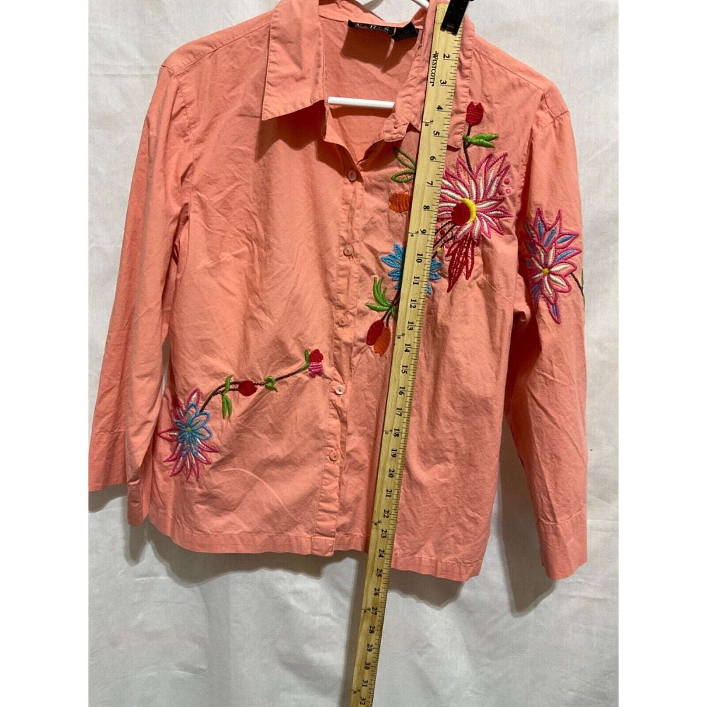 N.D.S New Direction Sport Peach Embroidered Shirt L Cotton Long Sleeve