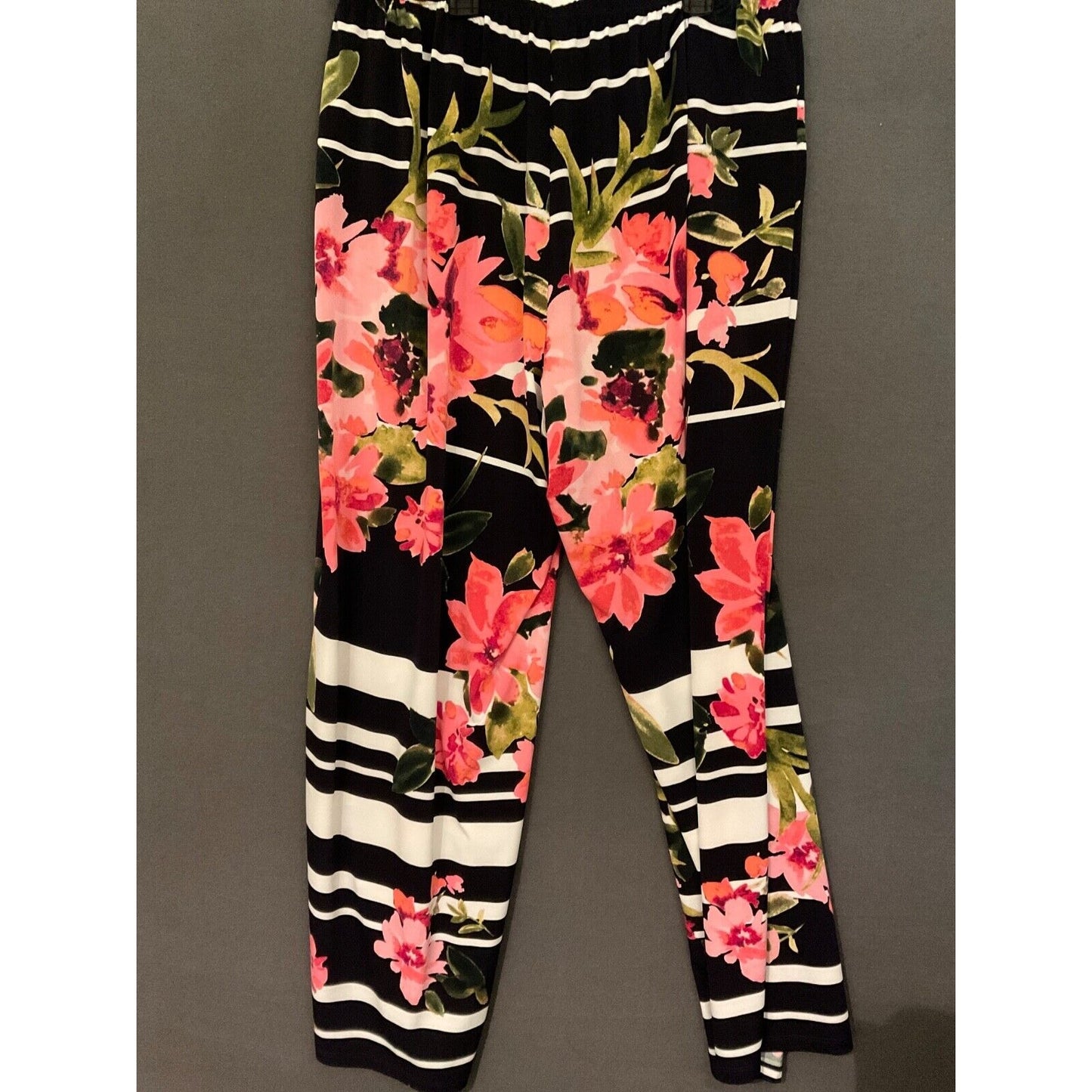 Melissa Paige 2X Floral Striped Pant Black White Pink Polyester/Spandex Art Boho