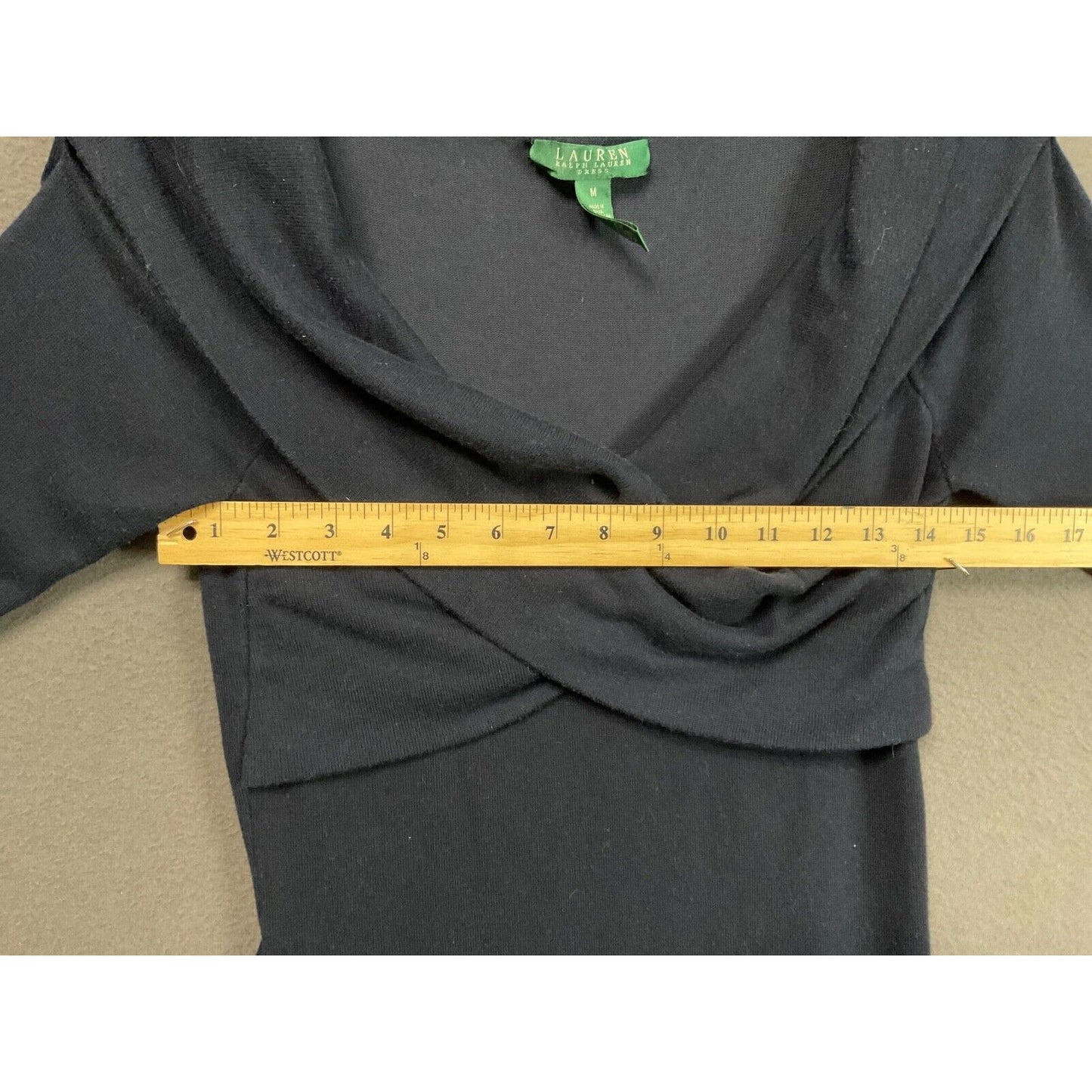 Ralph Lauren Dress M Navy Blue Knit Cowl Neck 3/4 Sleeve Elegant FLAW