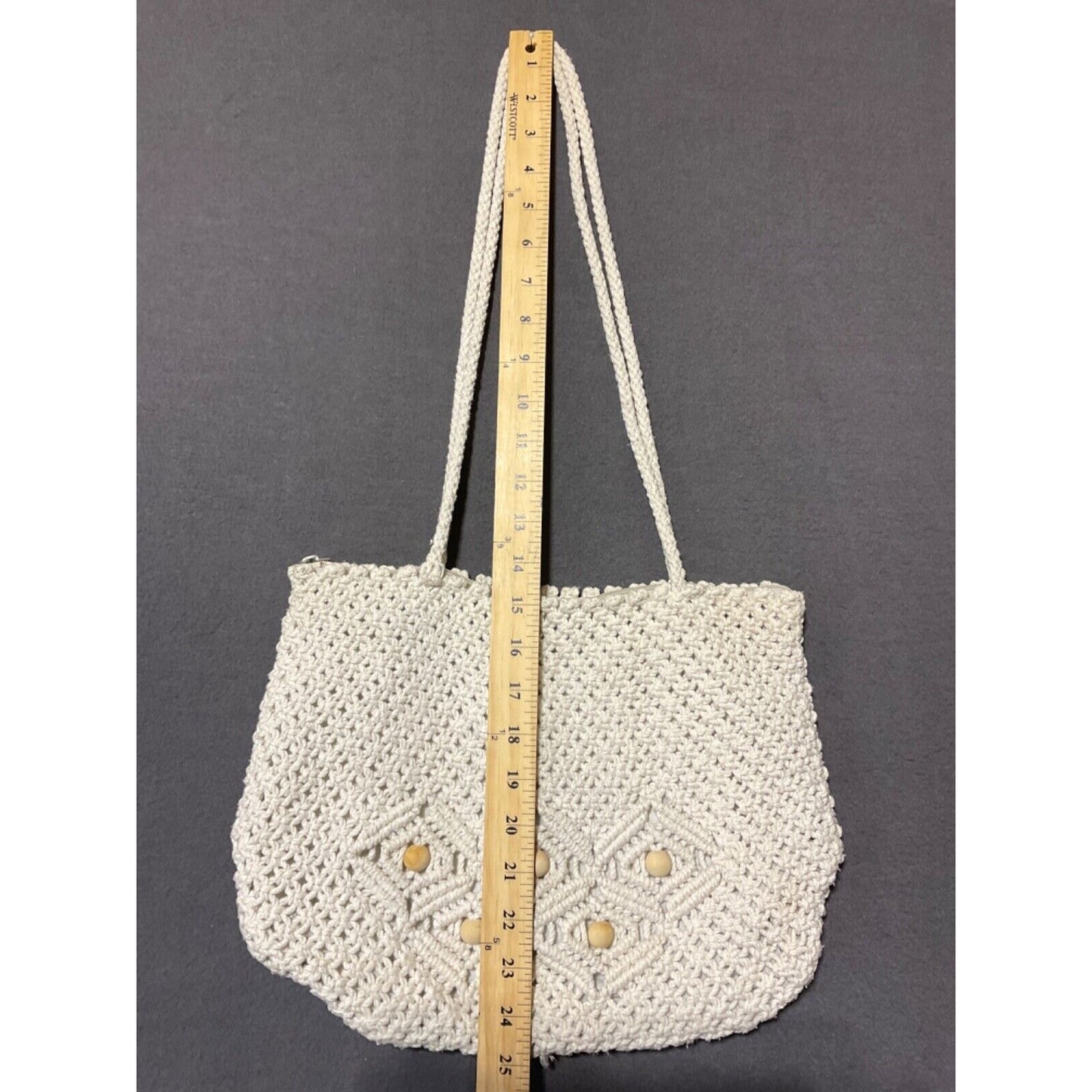 Vintage Crochet Knit Shoulder Bag Ivory Boho 13"W 10"H Wooden Beads Zip Closure